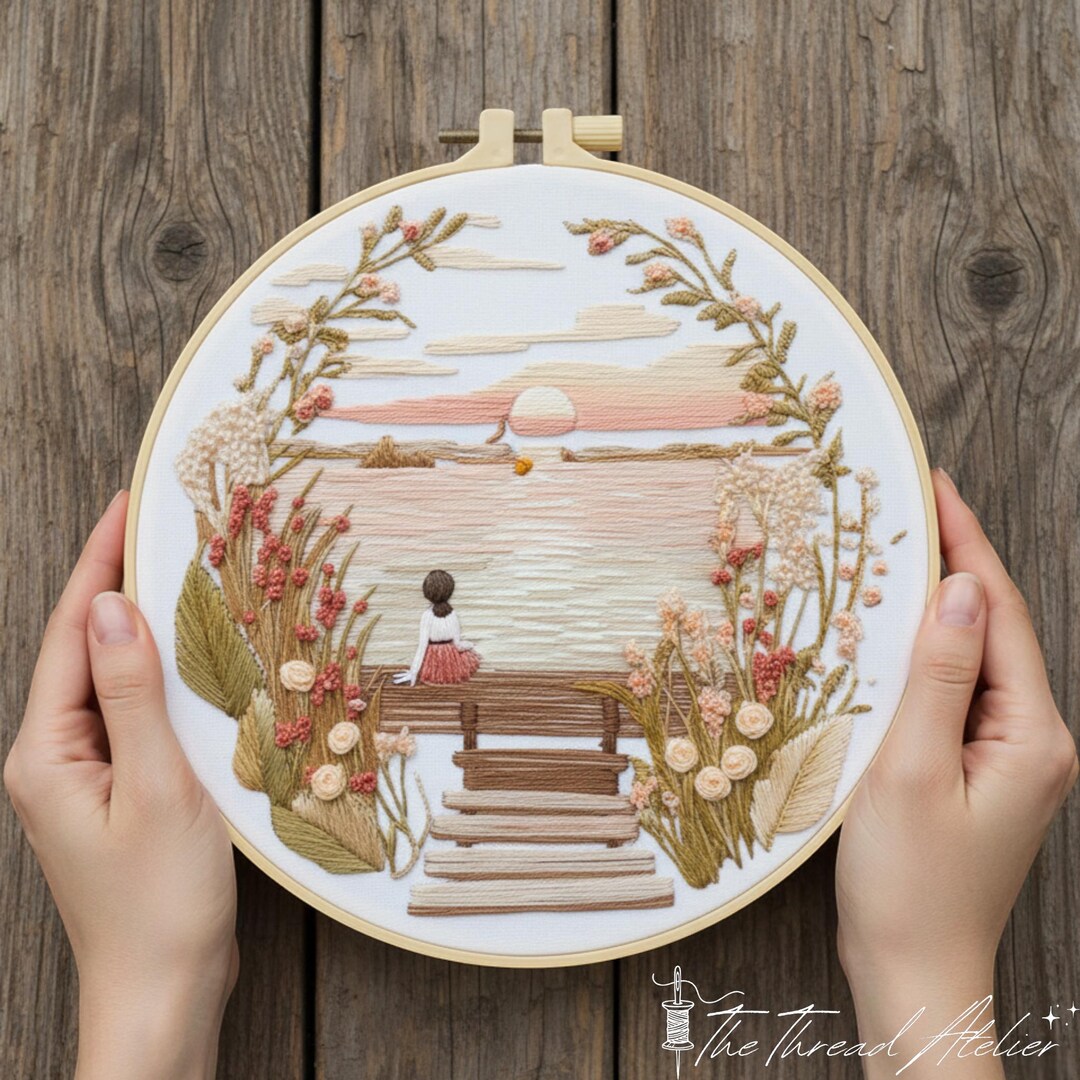 Lakeside Sunset DIY Embroidery Kit – Beginner Landscape Hoop Art Craft ...