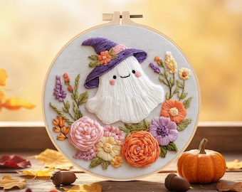 Ghost Embroidery Kit for Beginners: Halloween Floral Hoop Art