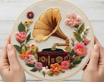 初心者向けヴィンテージ蓄音機刺繍キット：花柄ミュージックフープアート