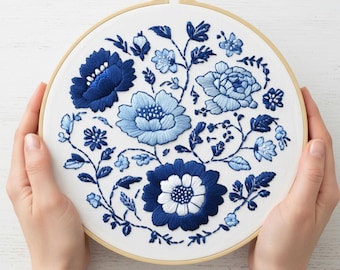 Blue Floral Hand Embroidery Kit: Beginner DIY Craft, Wall Decor