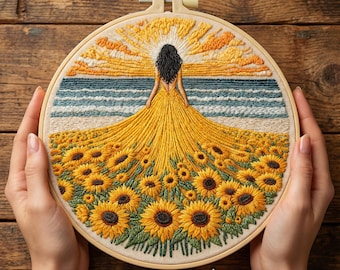 Kit de bordado de girasoles: punto de satén floral, arte de bastidor de paisaje