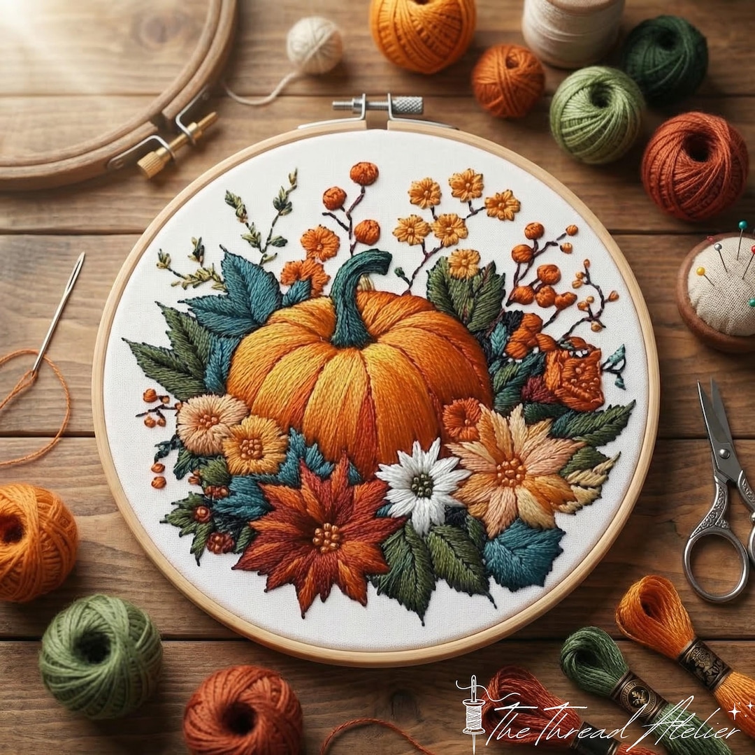Autumn Pumpkin Embroidery Kit, Fall DIY Needlepoint Hoop Craft for ...