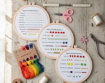 Kit de muestrario de puntadas de bordado para principiantes: kit de aprendizaje completo con herramientas y arte en el bastidor.