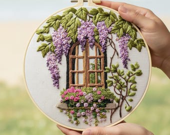 Kit de bordado de ventana de glicina para principiantes: Arte floral en aro para jardín campestre