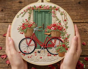 Kit de bordado de bicicleta roja, arte floral para puerta, bordado rústico, jardín vintage para principiantes