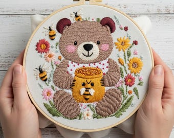 Kit de bordado de oso y miel para principiantes: Arte con aro de abejas y flores