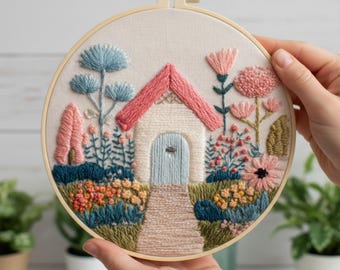 Whimsical Cottage Embroidery Kit for Beginners: Modern Floral and Botanical DIY Hoop Art