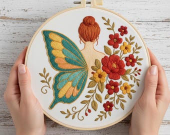 Kit de bordado de hadas del bosque para principiantes: Arte con aro de flores de otoño y alas de mariposa