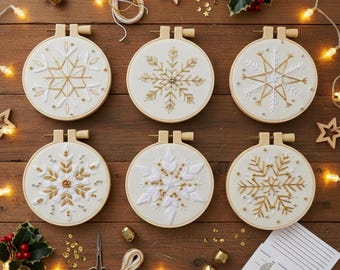 Kit de bordado de copos de nieve dorados y blancos: bastidor de adorno navideño para principiantes