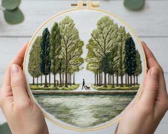 Kit de bordado "Paseo por el bosque junto al lago": arte de aro con paisajes naturales para principiantes
