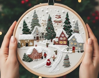 Snowy Village Christmas DIY Embroidery Kit – Winter Scene Hoop Art for Cozy Holiday Stitchers