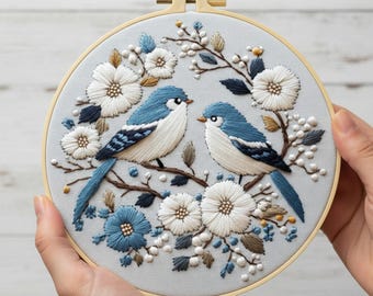 Bluebirds & White Blossoms Embroidery Kit for Beginners: Spring Floral Hoop Art