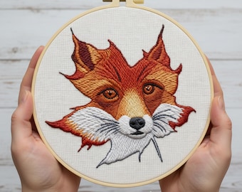 Kit de bordado de zorro majestuoso para principiantes: Arte moderno con aro para retratos de animales