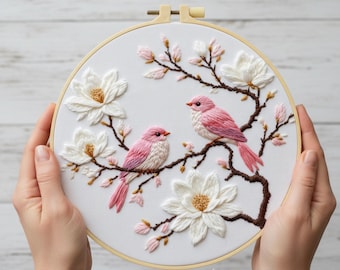 Magnolia & Pink Birds Embroidery Kit for Beginners: Spring Blossom Hoop Art