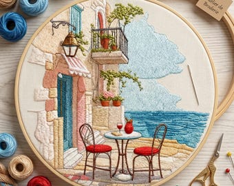Kit de bordado para balcón con temática de la costa mediterránea, escena de café con vista al mar, bordado para principiantes, arte en bastidor DIY.