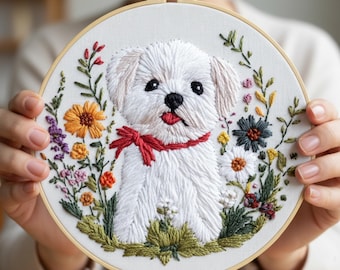Kit de bordado floral de cachorro para principiantes: perro maltés y flores silvestres.