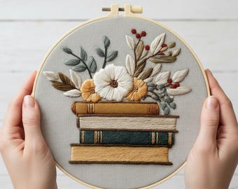 Book Embroidery Kit for Beginners: Floral Stack of Books, Reading Nook Decor