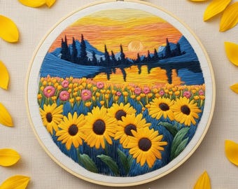 Sunflower Embroidery Kit for Beginners: Vibrant Floral Landscape Hoop Art
