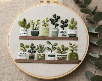 Kit de bordado "Plantas de interior en estante" para principiantes: Arte botánico moderno en bastidor