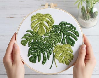 Kit de bordado de hojas de monstera para principiantes: Arte botánico moderno en bastidor