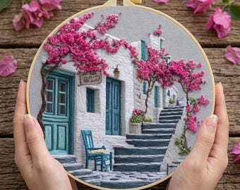 Kit de bordado de pueblo griego, arte de aro con buganvillas, bordado mediterráneo, viaje para principiantes
