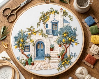 Kit de bordado "Casa de campo mediterránea", arte con aro de corona floral, costura para principiantes (regalo para hacer tú mismo)