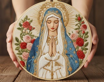 Kit de bordado de la Virgen María para principiantes: arte floral religioso en bastidor, decoración de pared católica