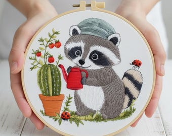 Raccoon Embroidery Kit – Animal Garden Beginner Hoop Art, DIY Hand Stitch Set