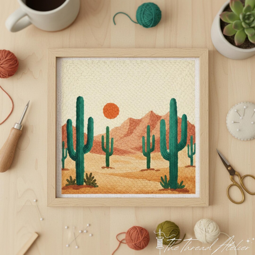 Desert Landscape Punch Needle Kit – Cactus Sunset Wall Art, Beginner ...