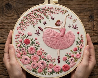 Kit de bordado de bailarina, arte floral de ballet en bastidor, costura para principiantes, regalo de danza con rosa rosa
