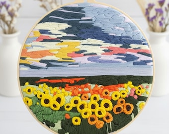Sunflower Embroidery Kit for Beginners: Vibrant Field Landscape Hoop Art