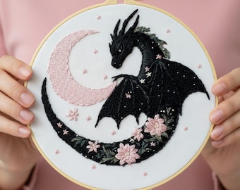 Kit de bordado de dragón iluminado por la luna para principiantes: Arte de bastidor floral de fantasía