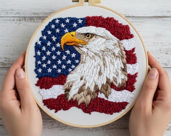 Kit de bordado de águila calva: arte de aro para principiantes con la bandera estadounidense, patrón patriótico de puntada a mano