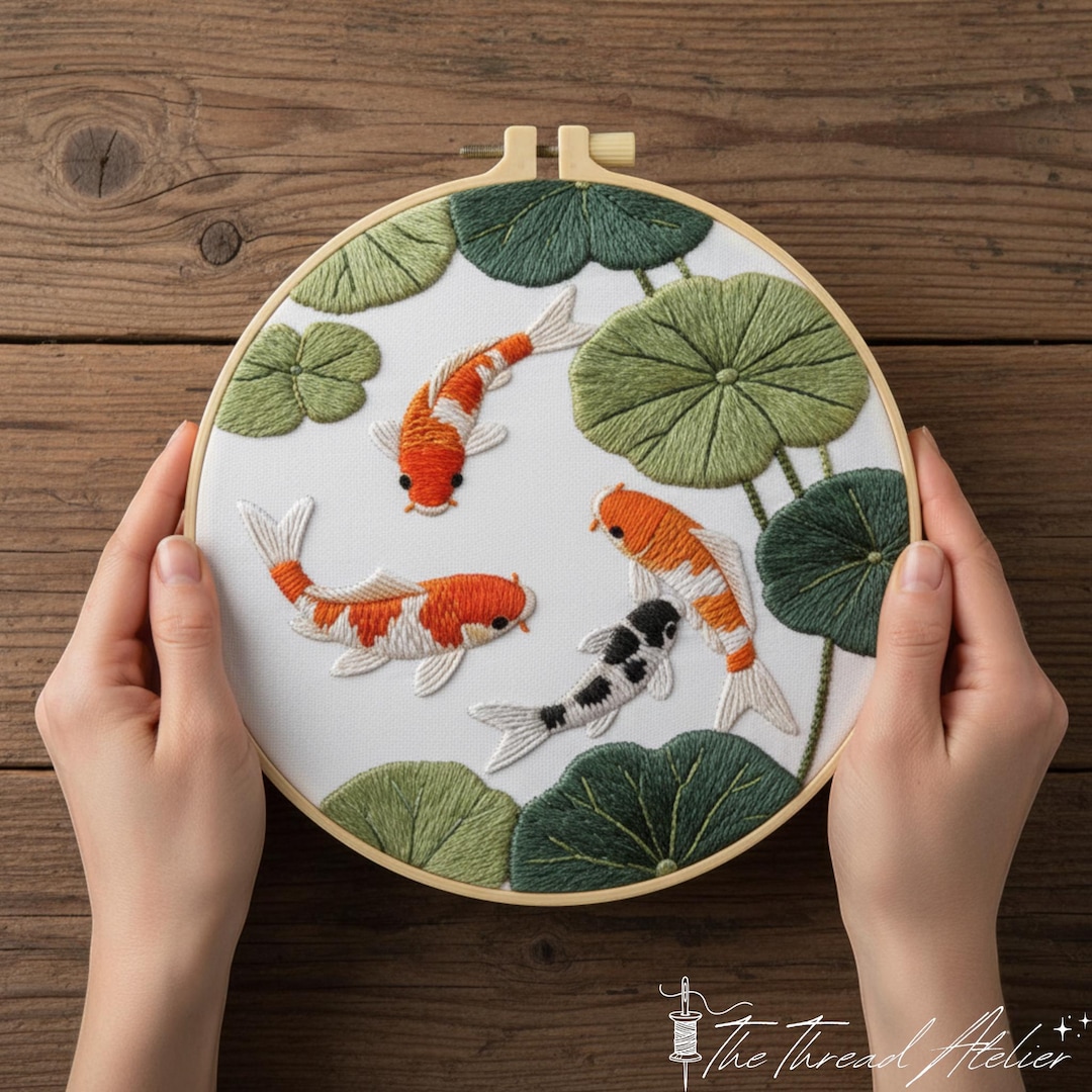 Koi Pond Embroidery Kit – Japanese Fish & Lotus Leaves, Craft Set for ...