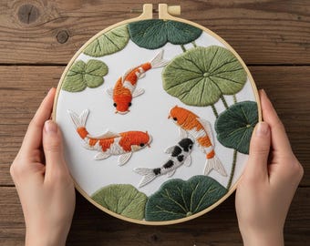 Kit de bordado de estanque koi: peces japoneses y hojas de loto, kit de manualidades para principiantes