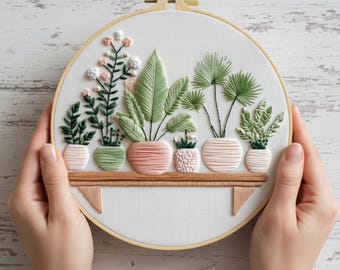 Houseplants on Shelf Embroidery Kit for Beginners: Modern Botanical Hoop Art