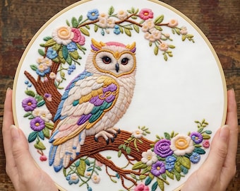 Kit de bordado de búho, arte floral con pájaros en aro, bordado colorido del bosque, regalo de manualidades de la naturaleza para principiantes