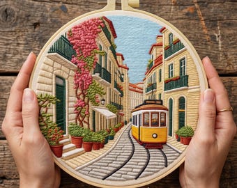 Kit de bordado del tranvía de Lisboa, paisaje de Alfama, bordado para principiantes, patrón para bordado en bastidor DIY