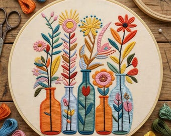 Kit de bordado de botellas florales, manualidades botánicas bohemias, arte con aros de flores silvestres, costura para principiantes