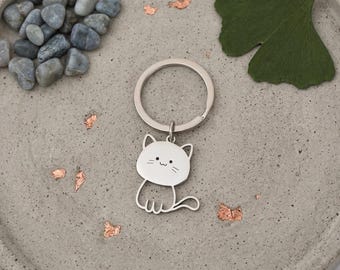 Silver Cat Keychain,Pet Lover Gift Minimalist Kitten Charm Jewelry Accessory Keyring