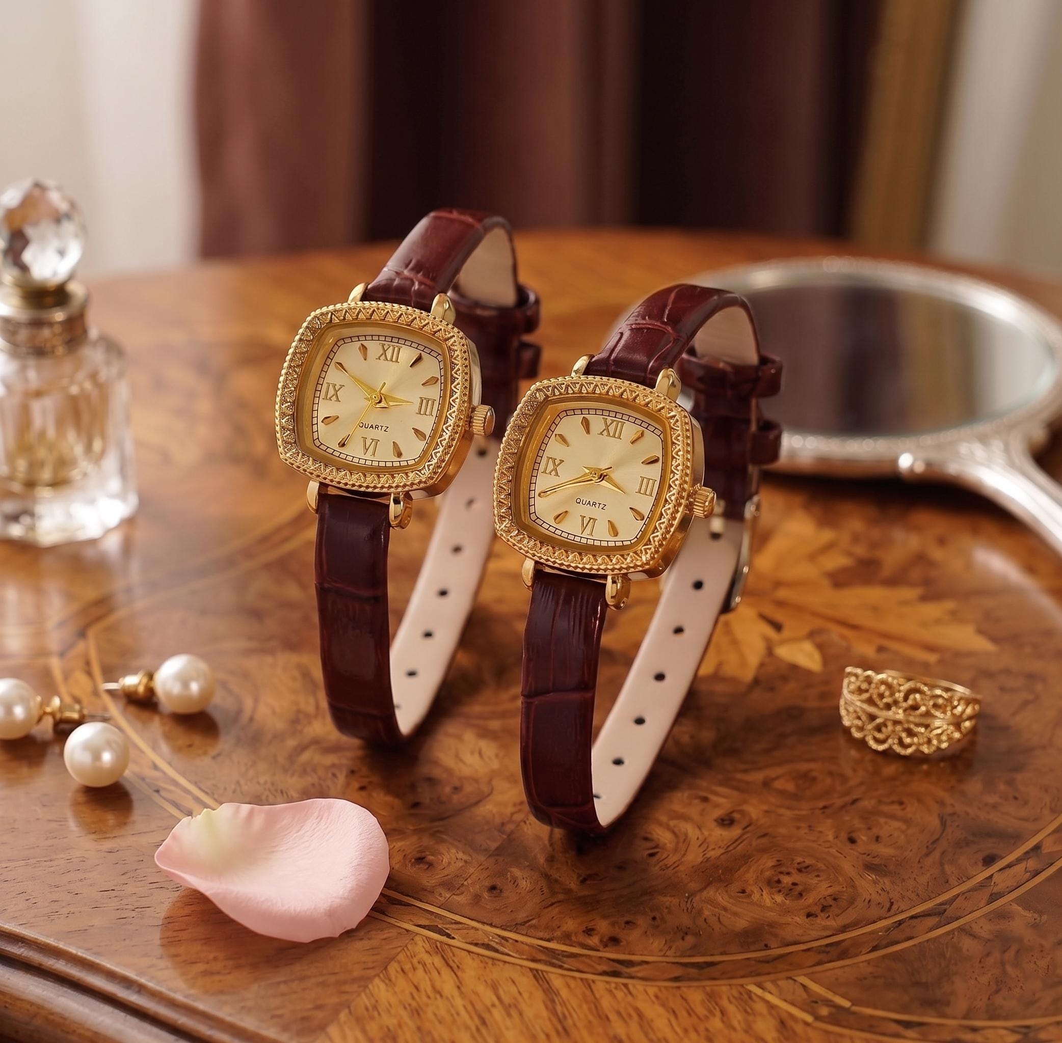 Women\'s Brown/Gold Stylish Square Classic Vintage Dial Leather Strap Wrist Watch Amazon.com: Timever Women main image 4