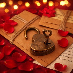 May include: A heart-shaped antique lock with a key, resting on a brown envelope tied with twine. Red rose petals are scattered around the lock and envelope on a red surface. The key has a heart-shaped handle.