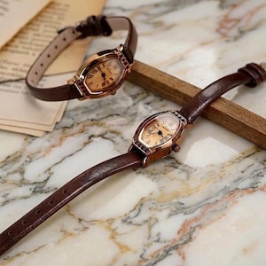 Vintage fatklocka med strass | Kaffebrunt läderarmband