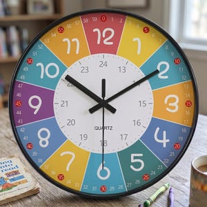 Può includere: Un colorato orologio da parete al quarzo con cornice nera. Il quadrante presenta colori vivaci con numeri grandi e lancette nere. Il diametro dell'orologio è di circa 30 cm.