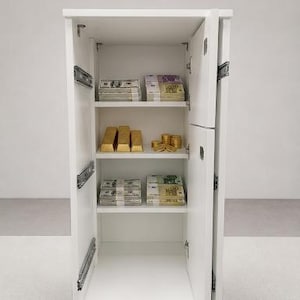 May include: A white cabinet with open doors featuring three interior shelves. The top shelf holds stacks of US dollar and Euro banknotes. The middle shelf contains three gold bars and a small pile of gold coins. The bottom shelf holds more banknotes.