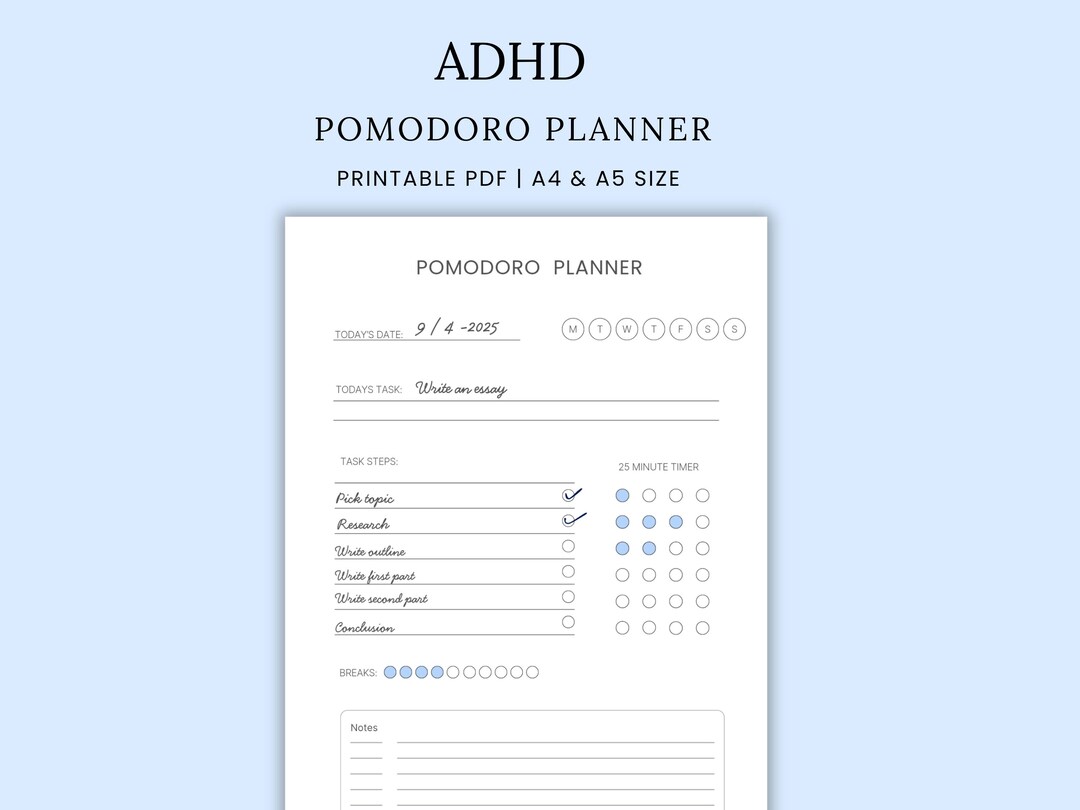 ADHD Pomodoro Tracker Printable | Productivity Study Planner | A4 & A5 ...