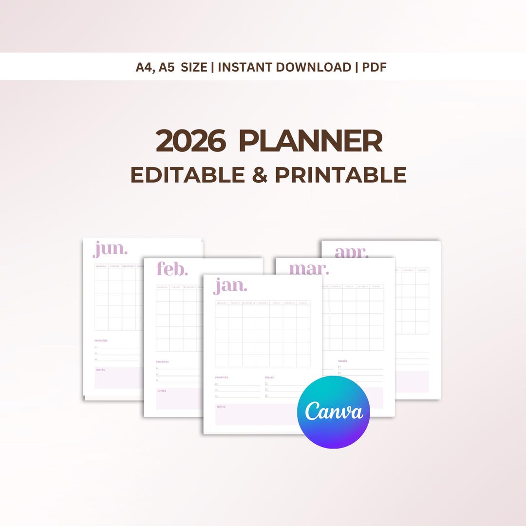 2026 Planner Template, Printable PDF and Editable in Canva A4, A5 - Etsy