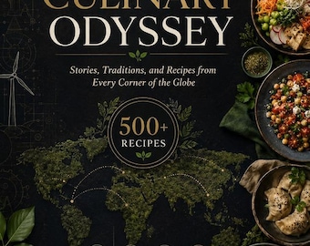 Könnte beinhalten: Ein Kochbuch mit dem Titel The Culinary Odyssey: Stories, Traditions, and Recipes from Every Corner of the Globe von Nyabena Moturi Brian. Das schwarze Cover zeigt eine Weltkarte, 500+ Rezepte und verschiedene Gerichte wie Pasta.
