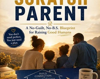 Puede incluir: Una portada de libro titulada The Start From Scratch Parent de Nyabena Moturi Brian. La portada muestra la silueta de una familia al atardecer, una pila de libros etiquetados como Values, Connection, Boundaries, Independence y un plano con texto.