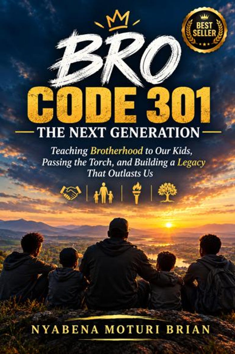 K&ouml;nnte beinhalten: Ein Buchcover mit dem Titel BRO CODE 301 THE NEXT GENERATION und dem Untertitel Teaching Brotherhood to Our Kids, Passing the Torch, and Building a Legacy That Outlasts Us von Nyabena Moturi Brian, das eine Sonnenuntergangslandschaft zeigt.